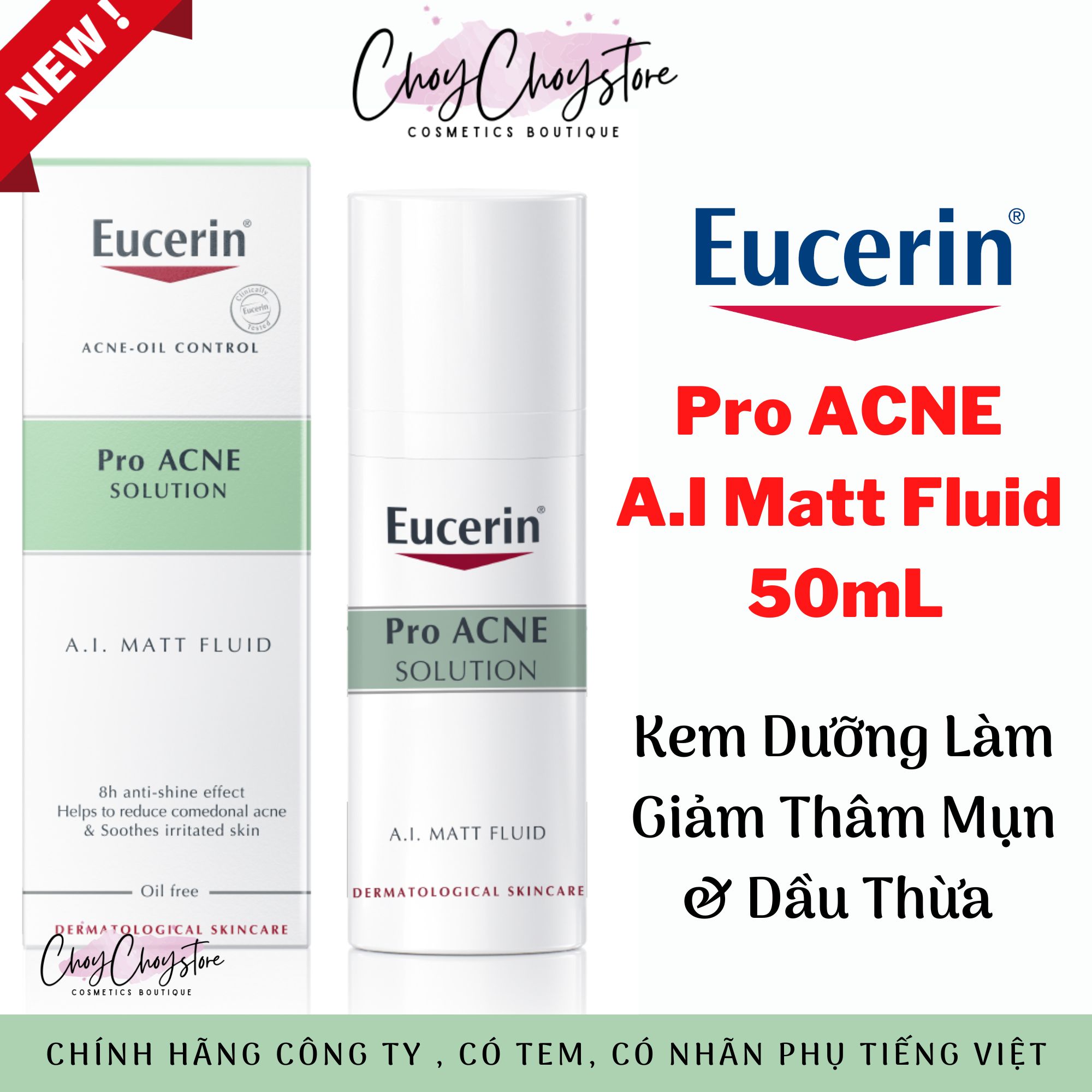 Kem Dưỡng Kiềm Dầu Eucerin Proacne AI Matt Fluid 50mL Giúp Giảm Bóng Nhờn, Ngăn Mụn