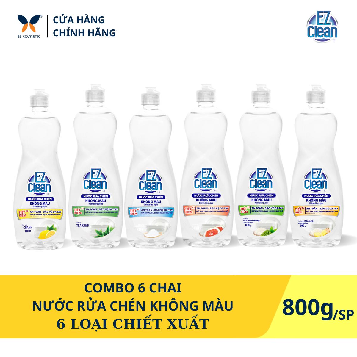 Combo 6 Nước Rửa Chén Bát EZ Clean chai 800gr làm sạch nhanh dầu mỡ, 100% không phẩm màu độc hại, gốc thực vật dịu nhẹ, bổ sung vitamin E