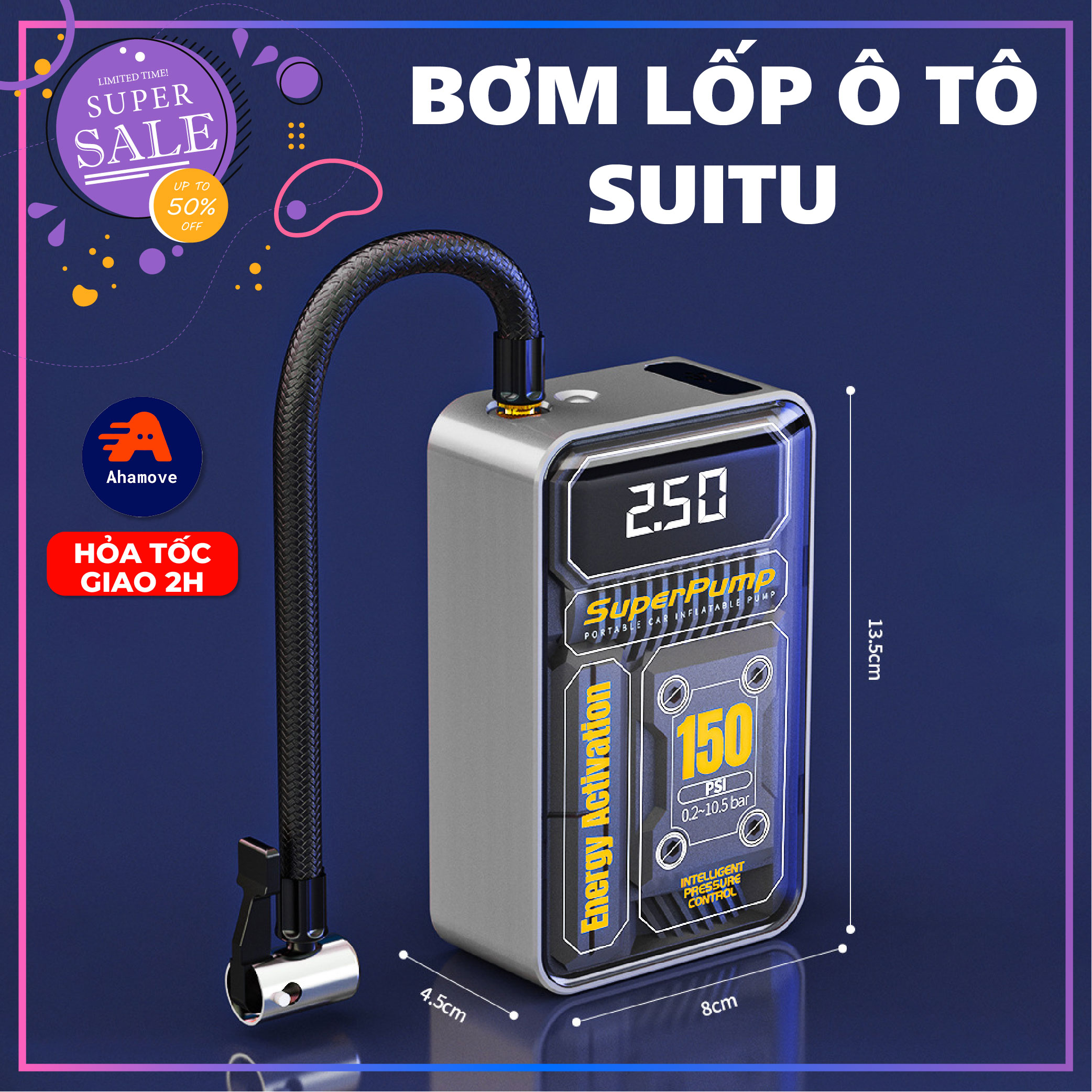 Bơm Lốp Xe Hơi Có Mặt Đồng Hồ Led, Bơm Lốp Ô Tô SUITU 9619A Sử Dụng Cắm Tẩu Sạc, Bơm Hơi Xe Ô Tô Nhở Gọn Đa Chức Năng Tiện Lợi