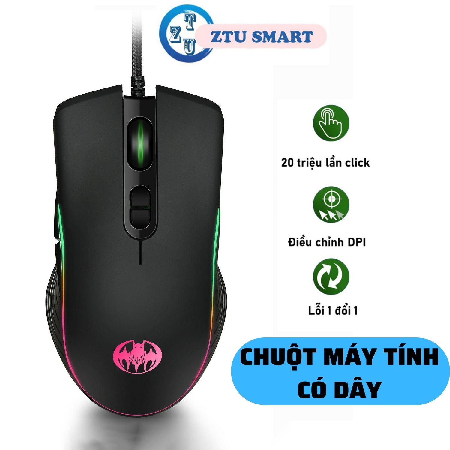 Chuột máy tính chơi game ZTU Smart GM20 bản có dây DPI 7200 thiết kế công thái học phù hợp cả gaming và văn phòng