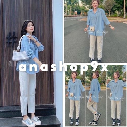 Sét áo sơ mi xanh dương kèm quần baggy trắng Sơ mi túi hộp trơn thắt nơ phong cách hàn quốc ANASHOP9X