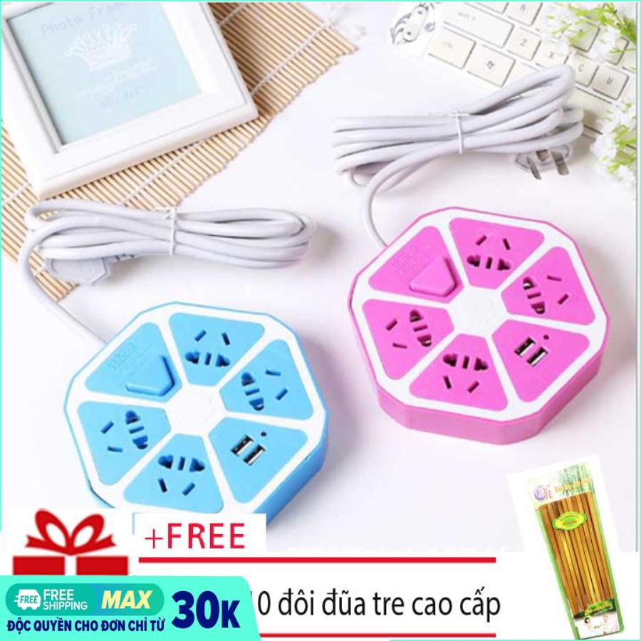 Ổ cắm điện - ổ điện đa năng loại xịn - ổ cắm điện lục giác tích hợp 2 cổng usb + tặng bộ 10 đôi đũa tre đẹp