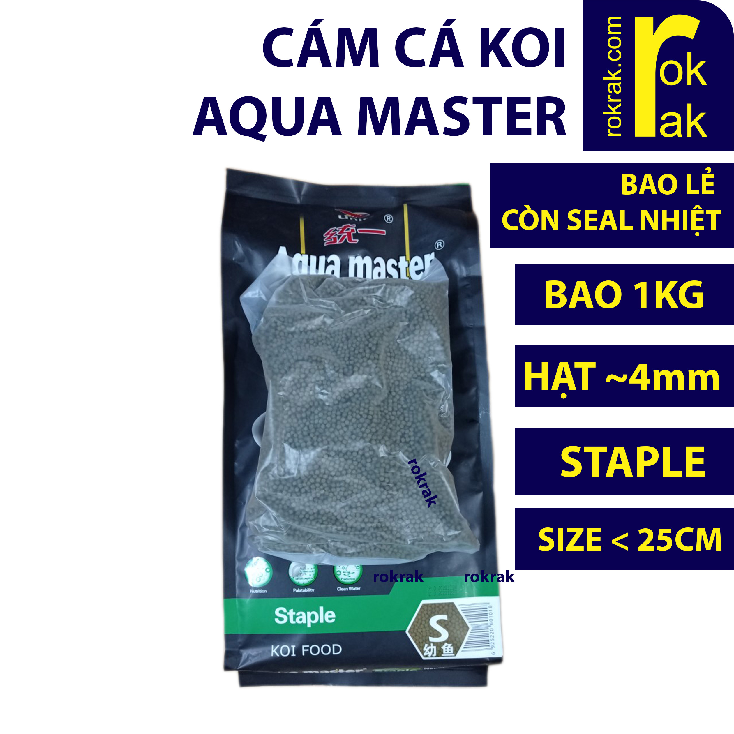 Cám cho cá Koi Aqua Master 1Kg S hạt ~4ly Staple bao lẻ còn seal nhiệt (từ bao 5kg aquamaster)