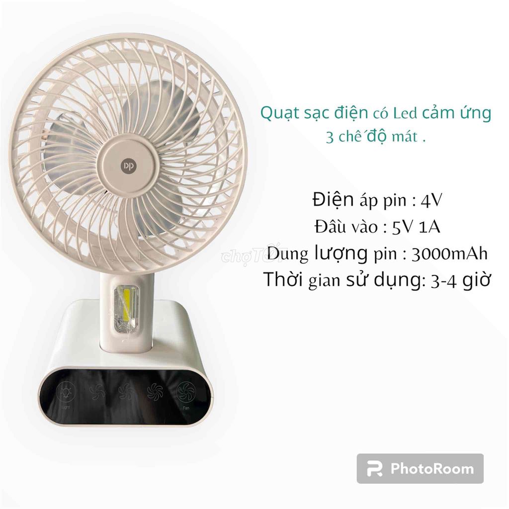 Quạt sạc tích điện dp 7624 cảm ứng cao 32cm dùng 2 bình sạc mini 3000mah