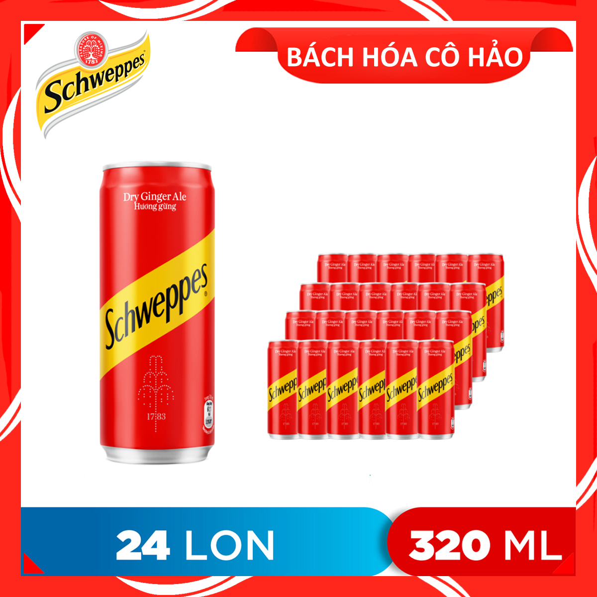 THÙNG 24 LON NƯỚC SODA HƯƠNG GỪNG DRY GINGER ALE SCHWEPPES 320ML