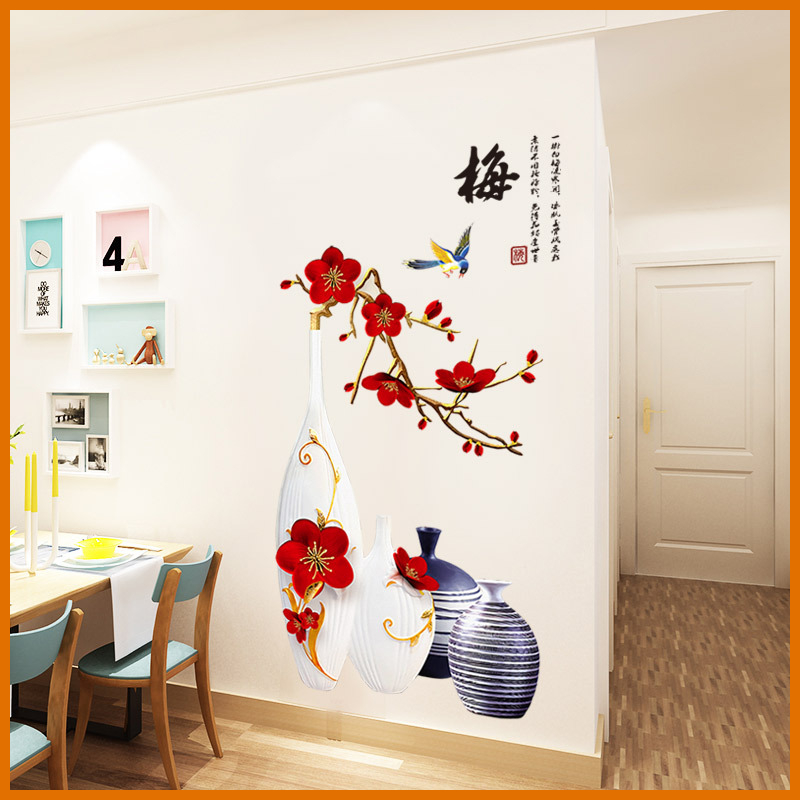 Decal dán tường bình hoa đào đỏ nghệ thuật GS9386