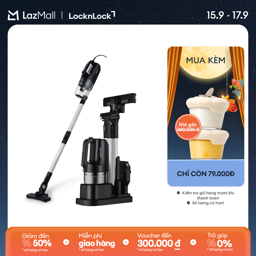 Env336blk - máy hút bụi cầm tay có dây lock&lock - lực hút 12000pa, phụ kiện tháo rời, hút đa năng đệm giường, ô tô - kệ dựng tiện lợi