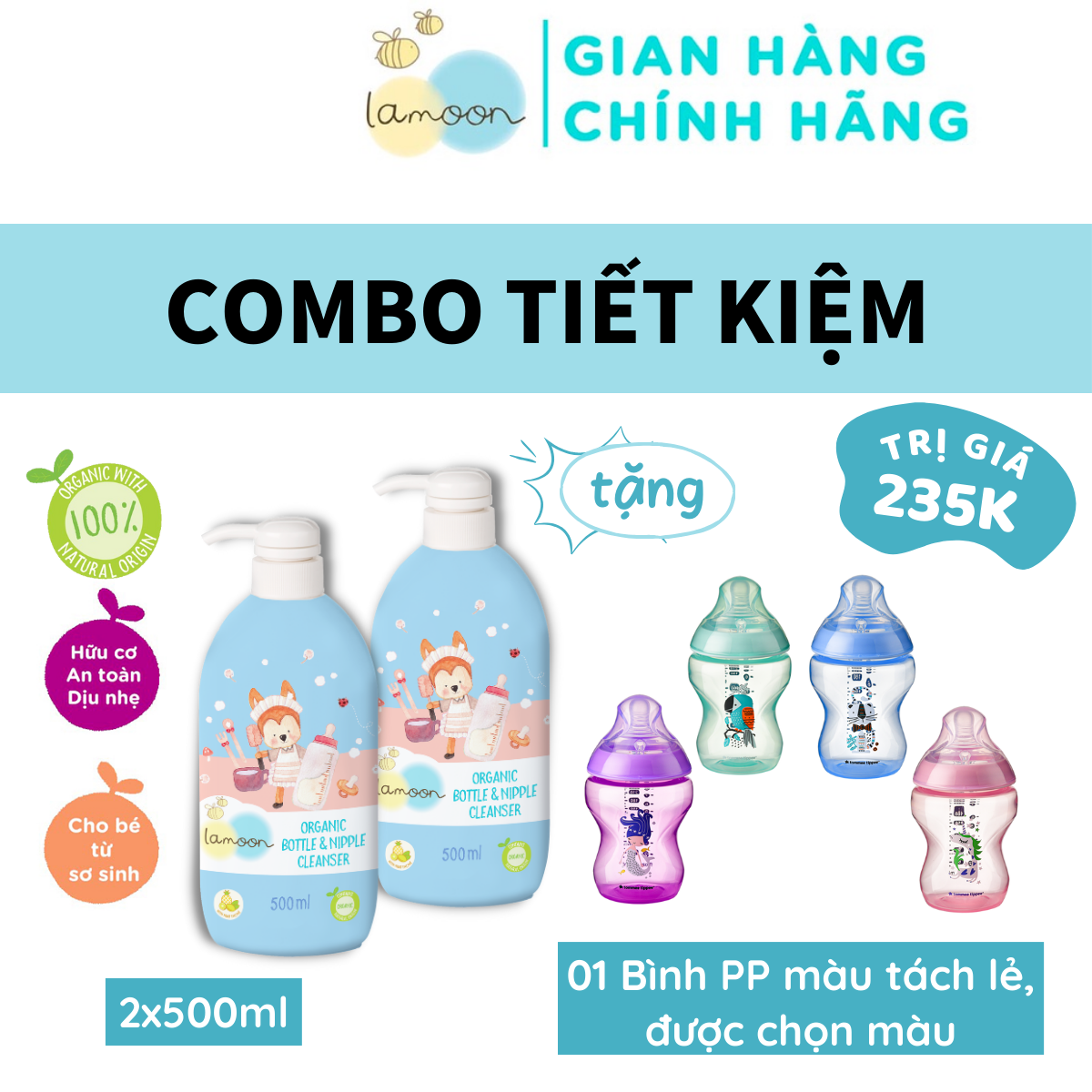 Combo 2 bình nước rửa bình sữa organic lamoon 500ml tặng 1 bình sữa tommee tippee pp họa tiết ty siêu mềm tự nhiên 260ml