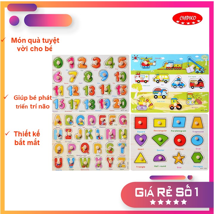 Combo 4 bảng ghép hình núm gỗ