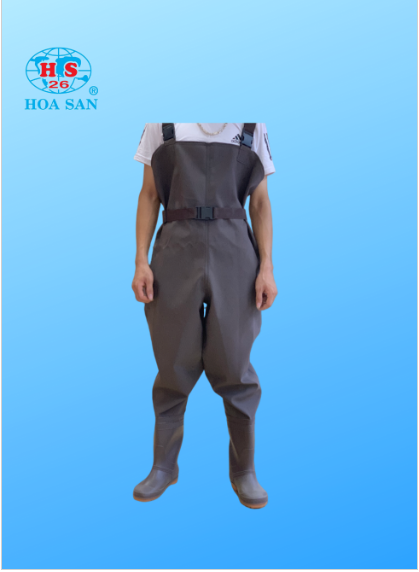 Ủng yếm lội nước Hoa San màu Nâu đế cứng size 38-43, ủng lội nước liền quần