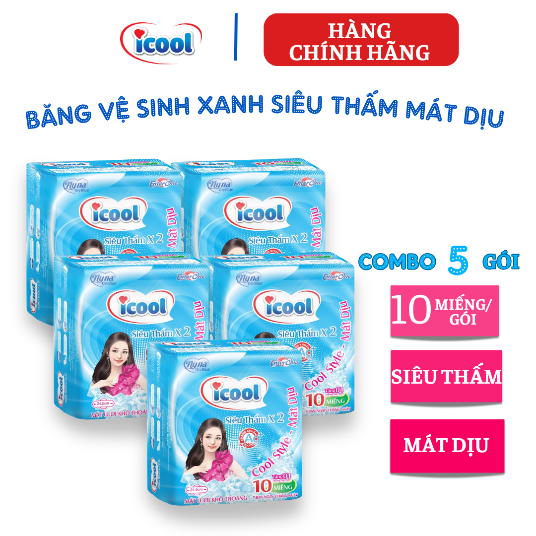 {Hàng chính hãng} Băng vệ sinh ICOOL Siêu Thấm Xanh 10 miếng, BVS ban ngày 24cm, có cánh, MẶT LƯỚI siêu  thấm khô thoáng, kháng khuẩn, BẠC HÀ MÁT DỊU .