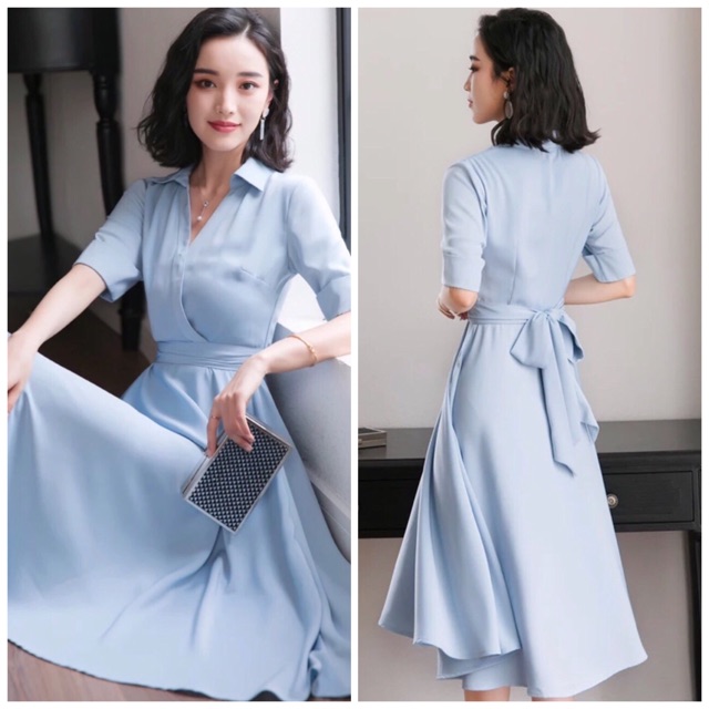 Đầm xanh biển cổ bẻ