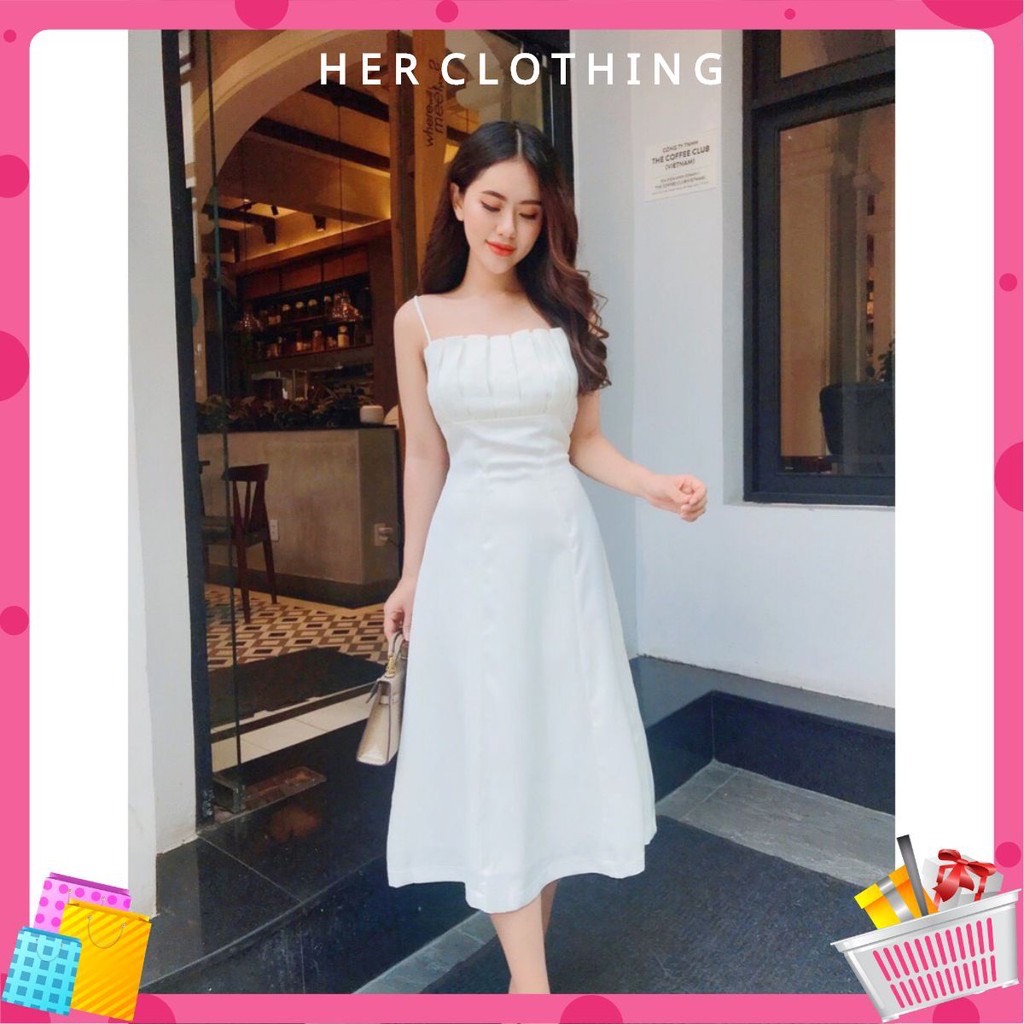 [HCM]Đầm dự tiệc váy nữ trắng xòe ngực xếp li cực sang chảnh vải Cotton xịn may 2 lớp đẹp
