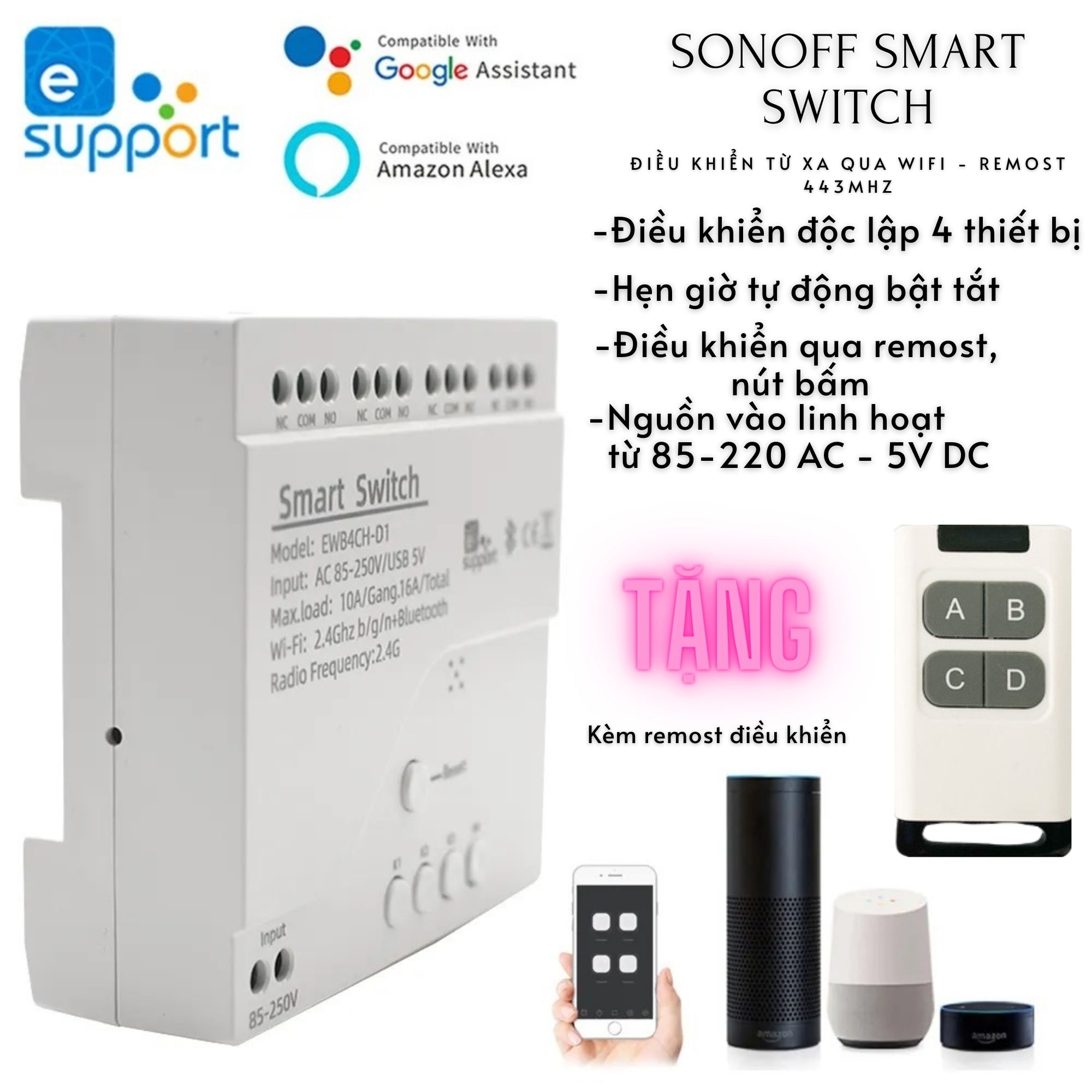 Công tắc thông minh Wifi SONOFF điều khiển qua Google Home Alexa Ewelink