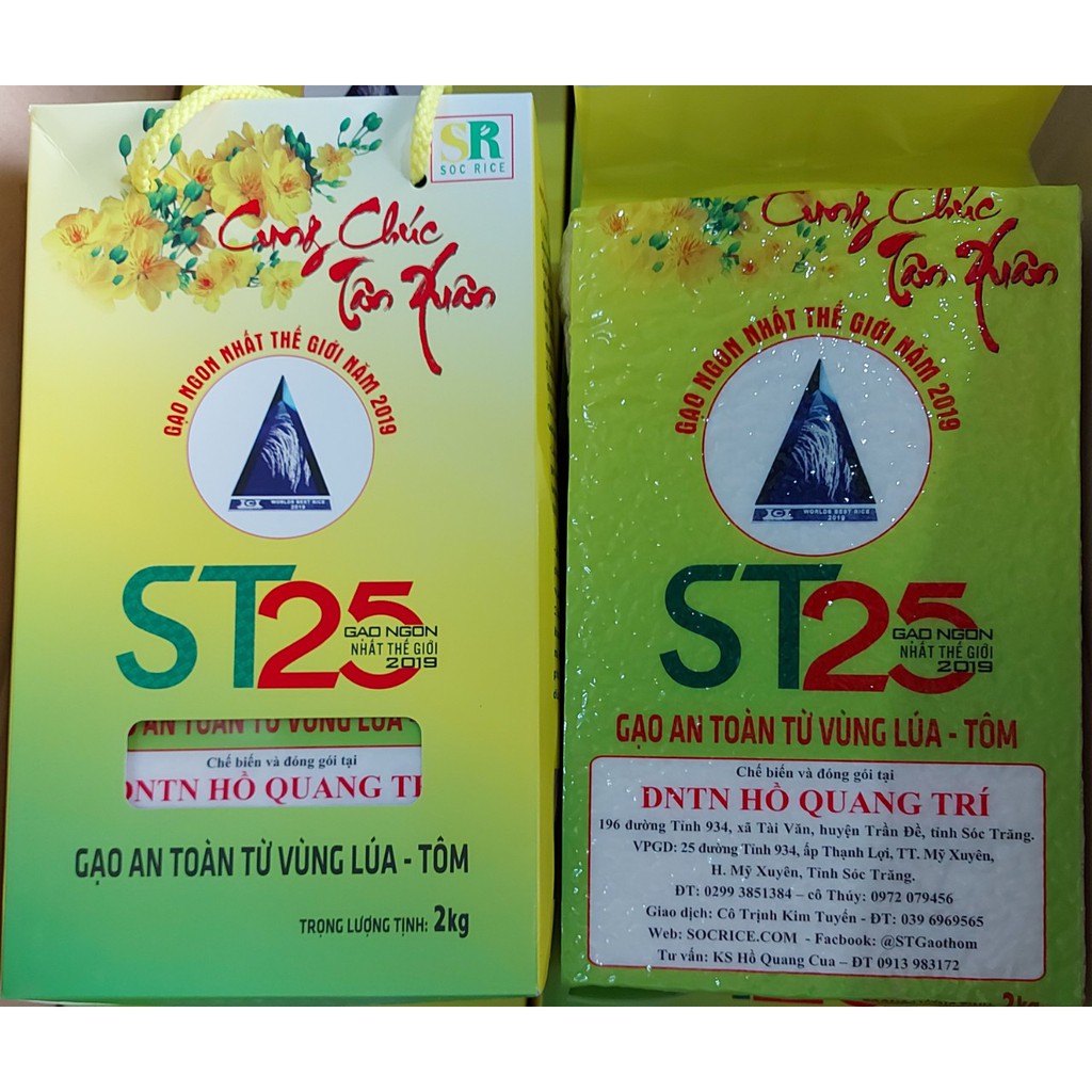 Gạo st25 lúa tôm hộp 2kg - kĩ sư hồ quang cua - gạo ngon thế giới 2019