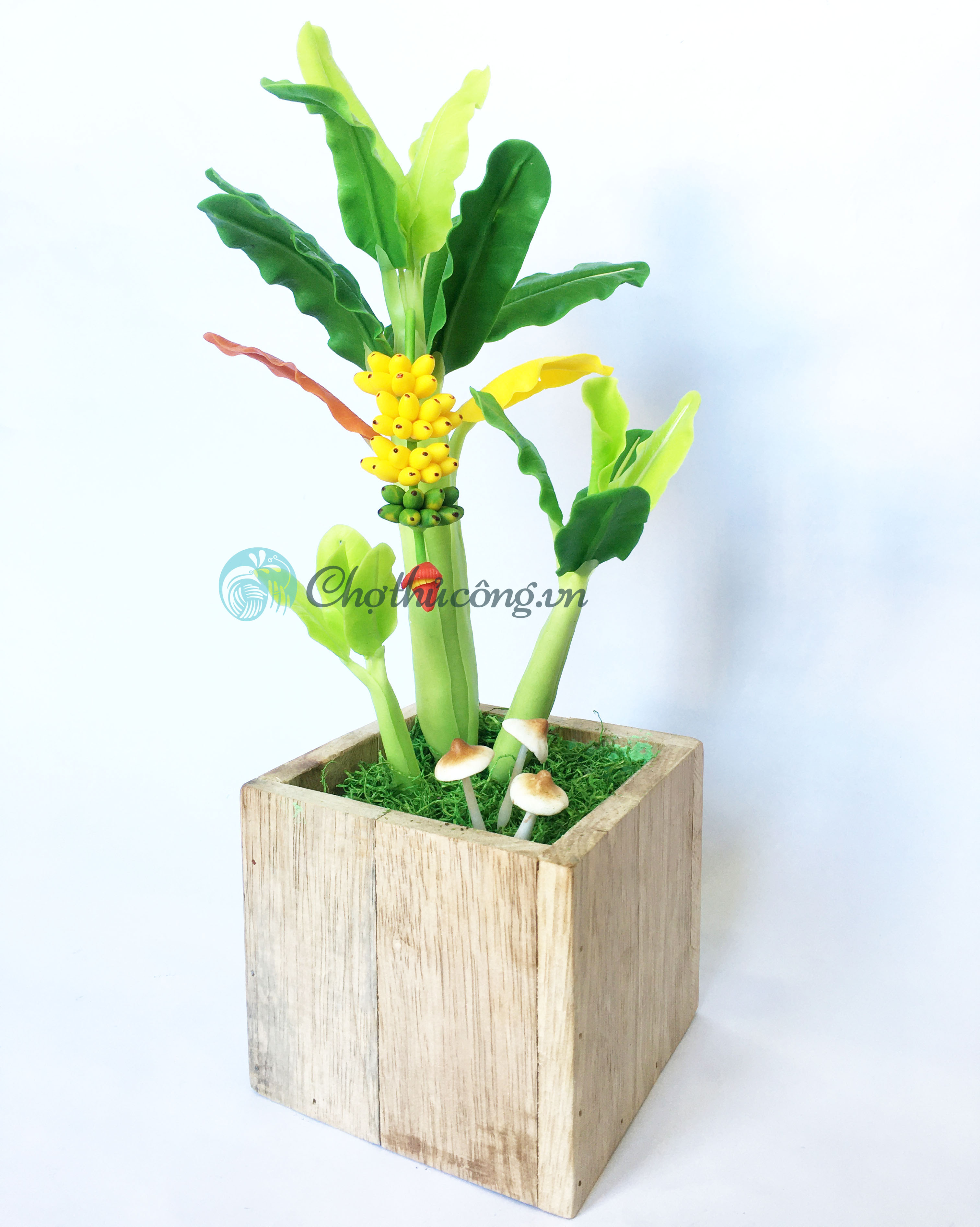 Chậu hoa đất sét size trung - Cây chuối đất sét Nhật Thái mộc mạc - Quà tặng trang trí handmade (34x11x11cm)