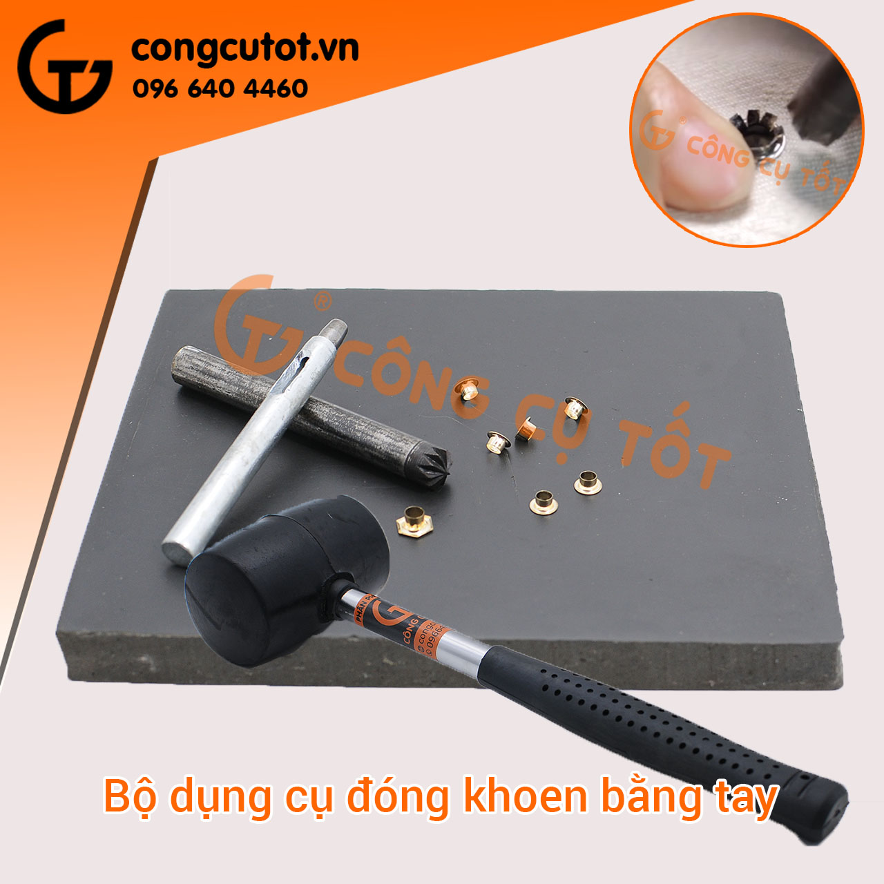 Bộ 4 món dụng cụ đóng khoen, mắt cáo ( đầu đục lỗ + đầu đục bông, thớt kê và búa)
