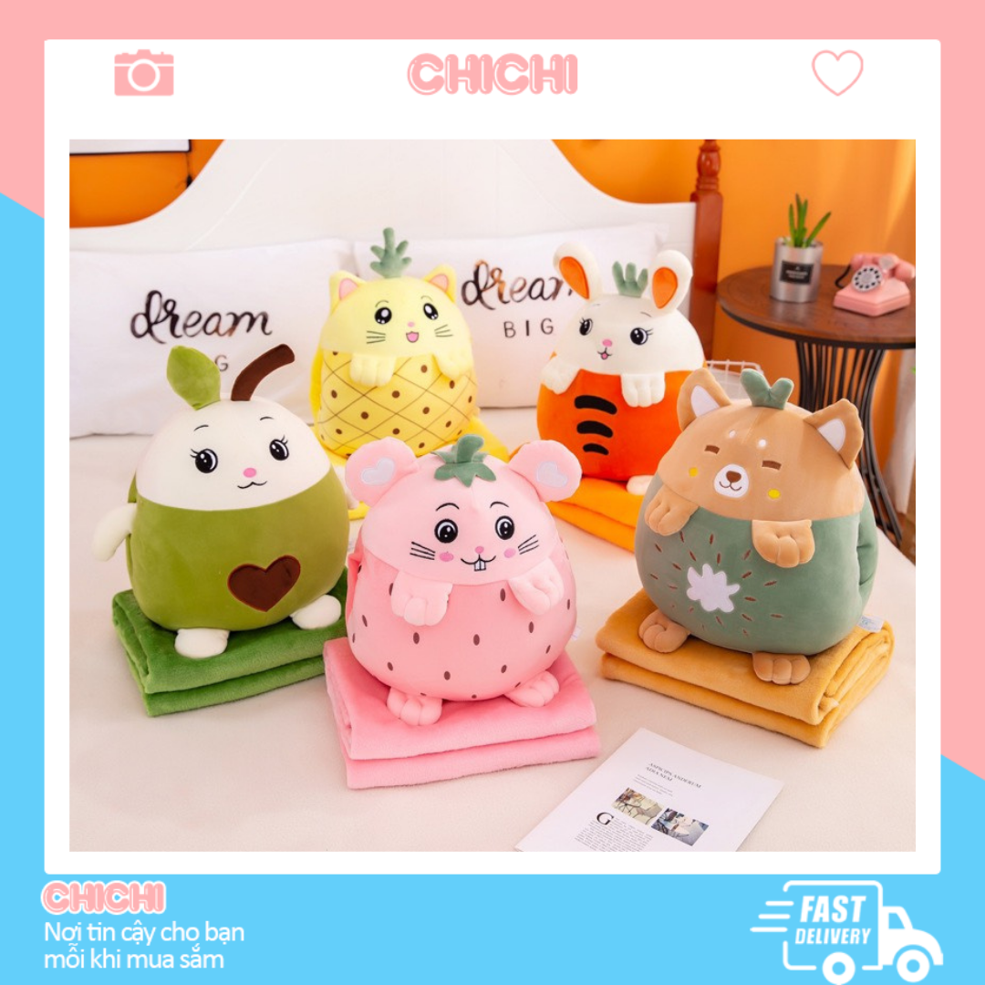 Bộ chăn gối văn phòng 3 trong 1 hình thú trái cây biểu cảm dễ thương GM016 Chichigối mền ngủ văn phònggấu bông kèm mền chất liệu nỉ nhung siêu mịn. siêu cute gọn nhẹtiện lợi.