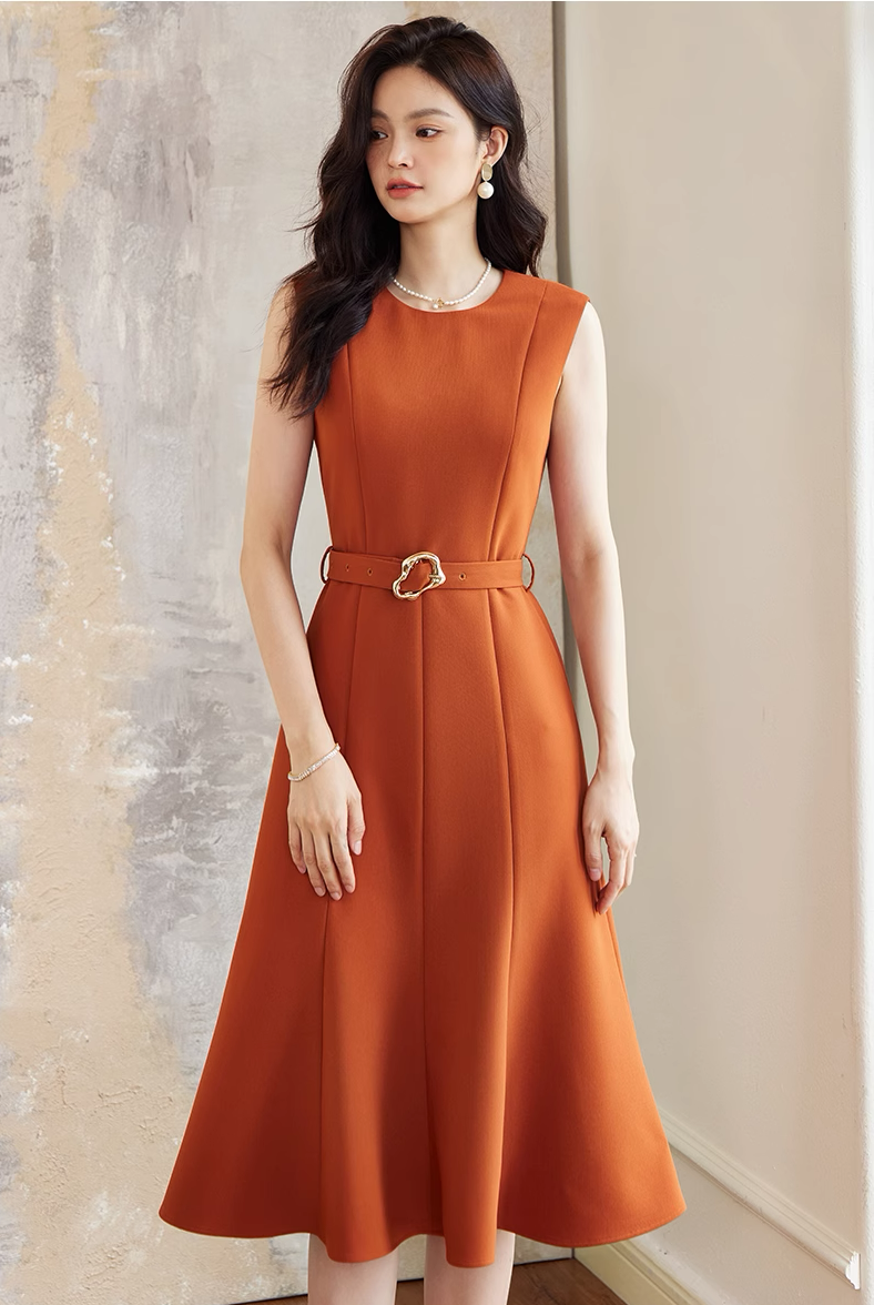 Đầm cam trơn cổ tròn không tay công sở tối giản