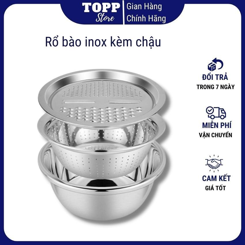 Rổ bào inox kèm chậu, rổ nạo rau củ 3 món inox đa năng, bộ dụng cụ cắt - thái - rửa rau củ thông minh đa năng kèm rổ inox, bộ 3 món bào nạo rau củ kiêm rổ và chậu inox cao cấp đa năng