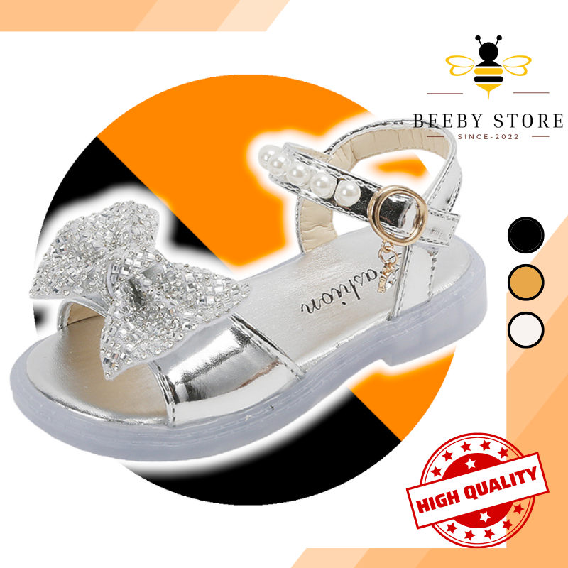Sandal công chúa cho bé quai ngọc đính nơ lấp lánh, xăng đan đế mềm chống trơn size 1-6 tuổi