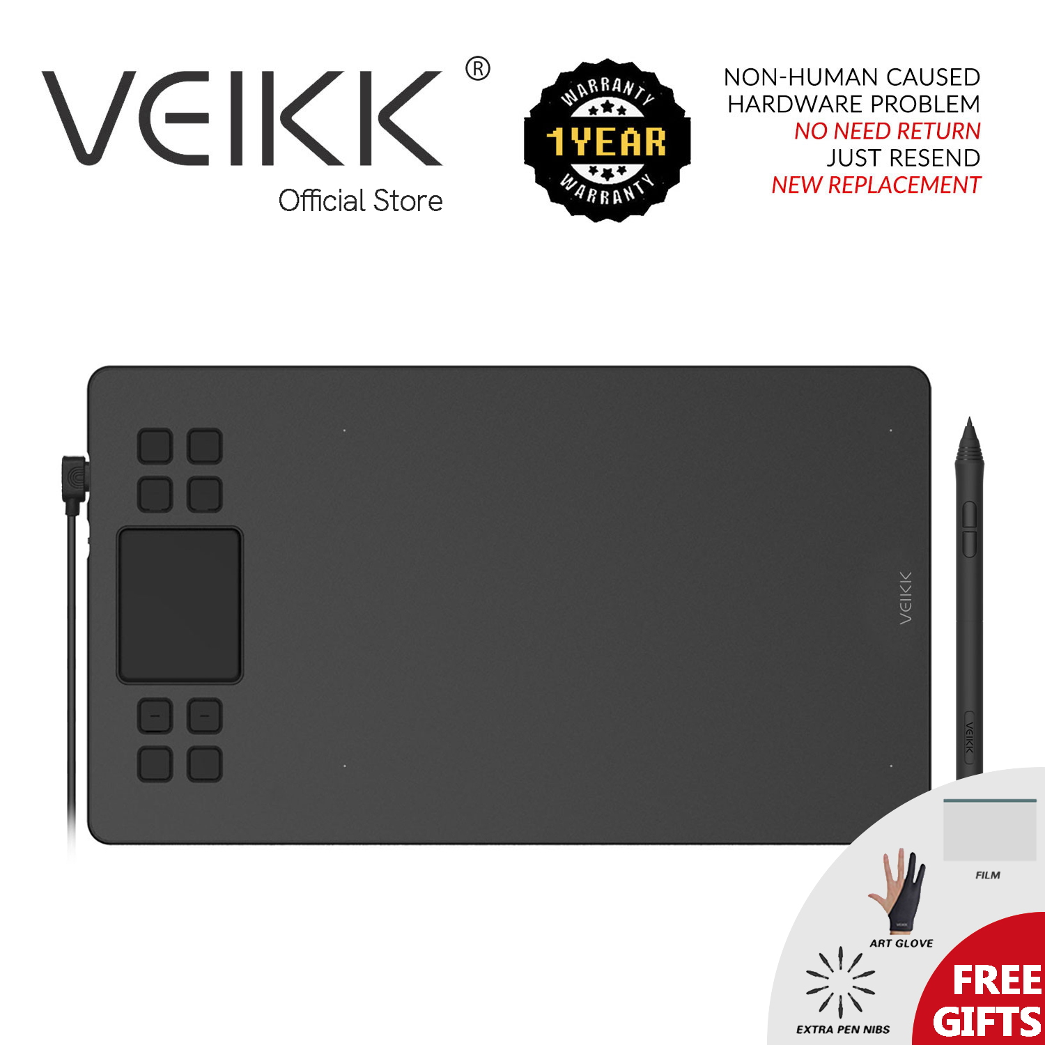 VEIKK A50 Bảng vẽ cảm ứng 10x6 inch Lực nhấn 8192 kèm Bút không cần sạc 8 có thể tùy chỉnh phím tắt & 1 touch padTương thích với Android Windows và Mac OS