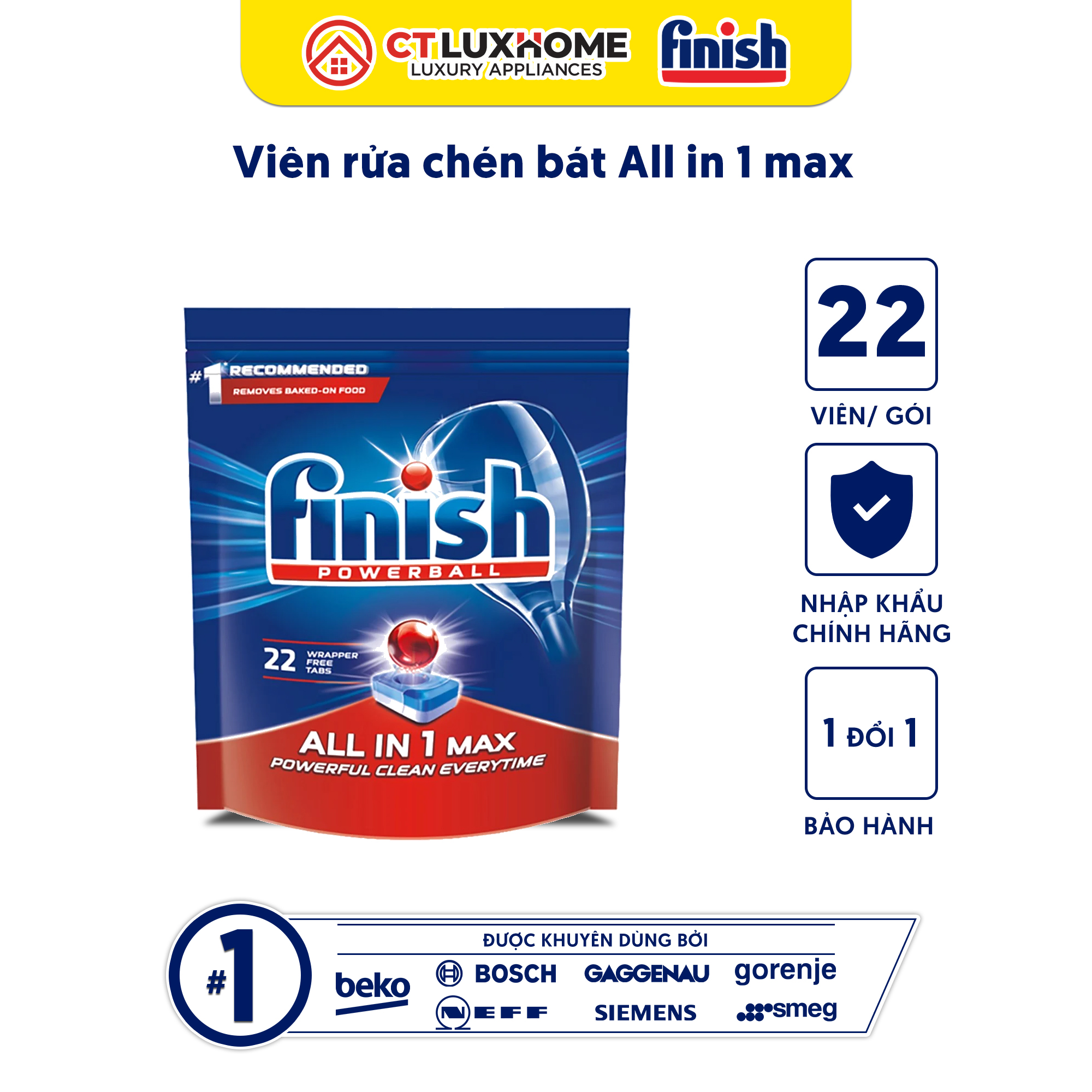 Viên rửa chén bát Finish All In One Max 22 viên