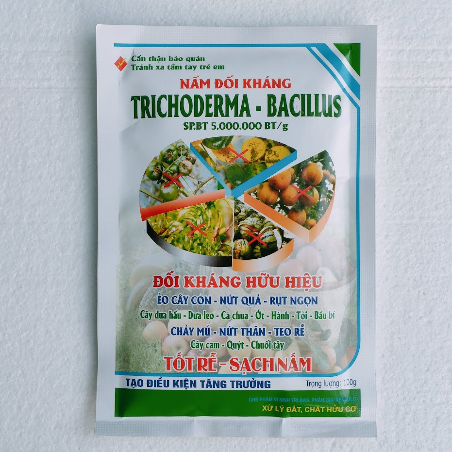 Phân hữu cơ vi sinh Trichoderma Bacilius gói 100g. Chuyên xử lý phế thải, chất hữu cơ và nấm đối kháng.