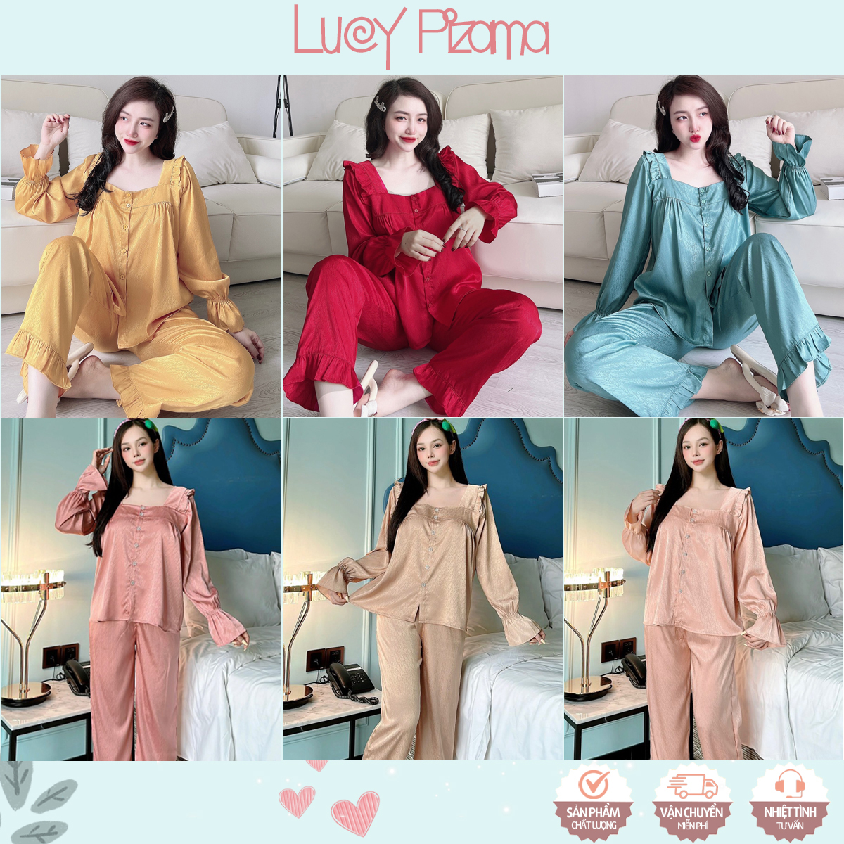 Bộ mặc nhà tiểu thư tay dài cổ vuông lụa xước ánh kim - Lucy Pizama