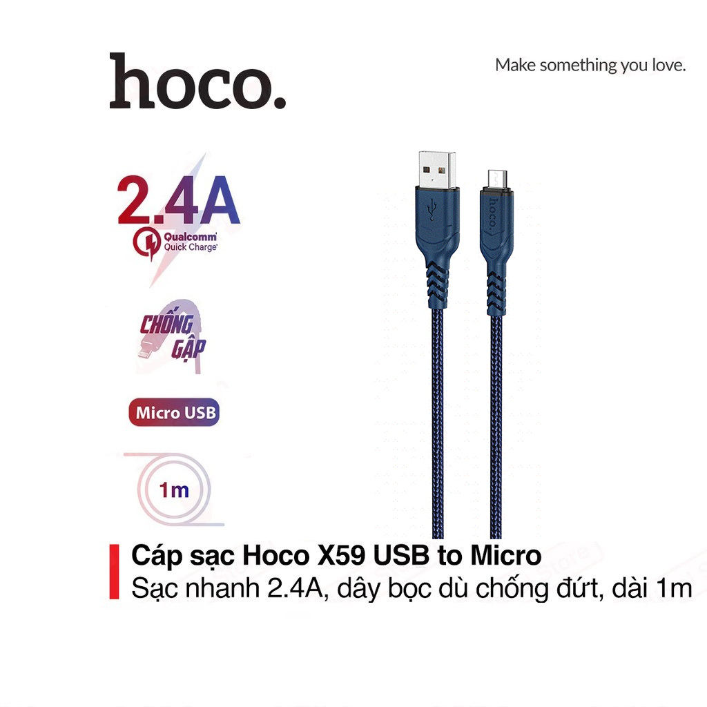Cáp sạc nhanh 2.4A Hoco X59 chân Micro dây dù siêu bền dài 1M cho Android