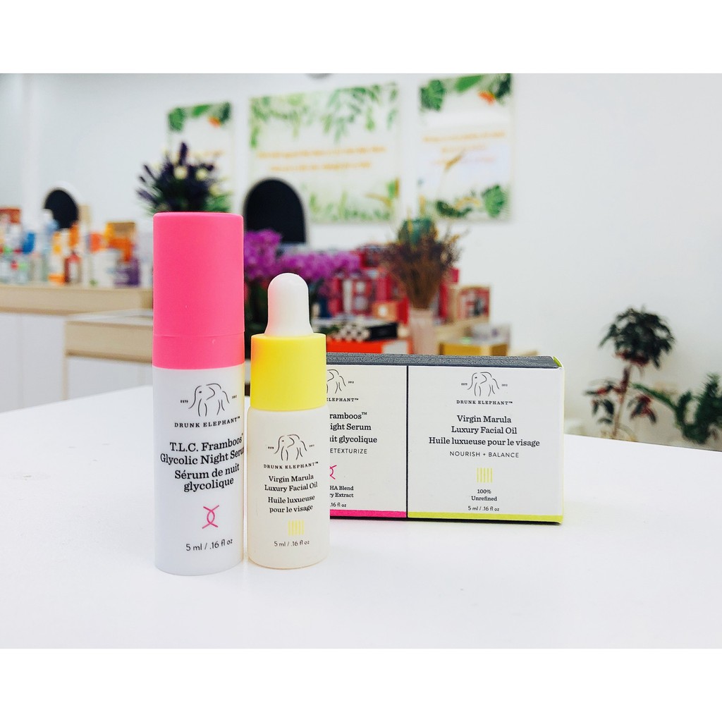 Bộ dưỡng da Drunk Elephant TLC Framboos 5ml + Marula Oil 5ml set