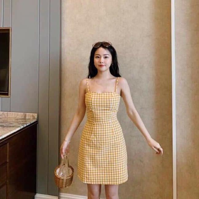 [HCM]đầm 2 dây caro