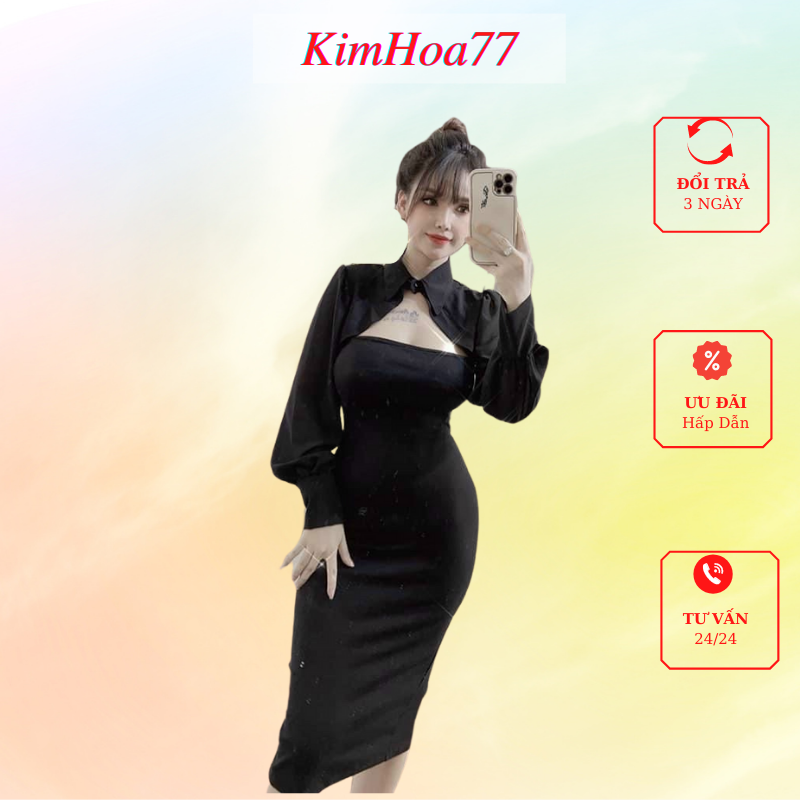 Váy body đầm nữ dự tiệc freesize chất umi phối voan cổ sơ mi tay dài kimhoa77