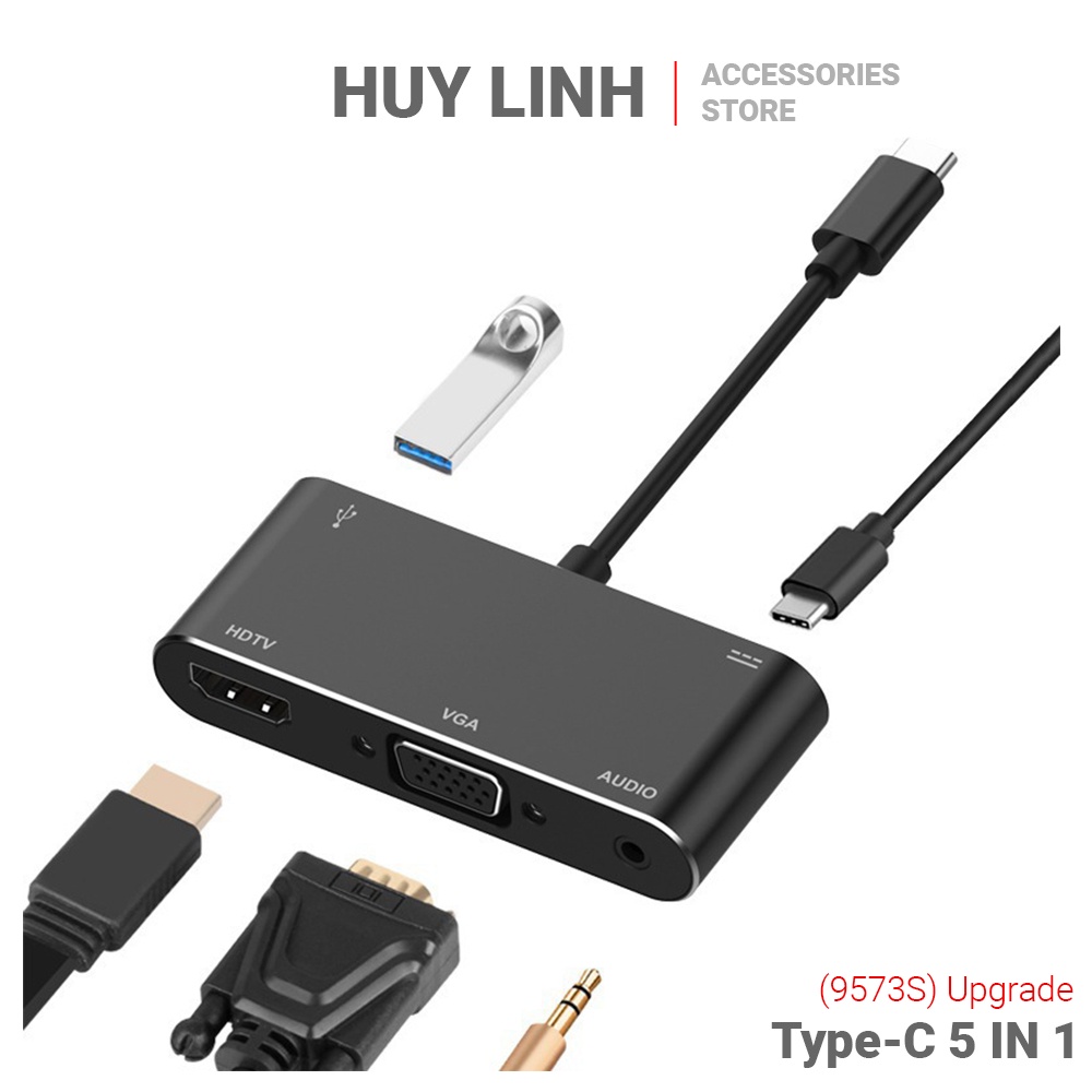 Hub chuyển đổi Type C 5 In 1 ra HDMI, VGA, USB 3.0, AUX 3.5mm