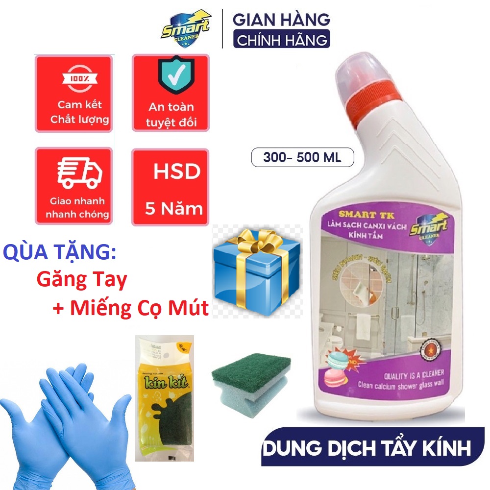 Smart tk - nước tẩy cặn canxi smart tk vách kính nhà tắm, nước tẩy rửa gương 300/500ml