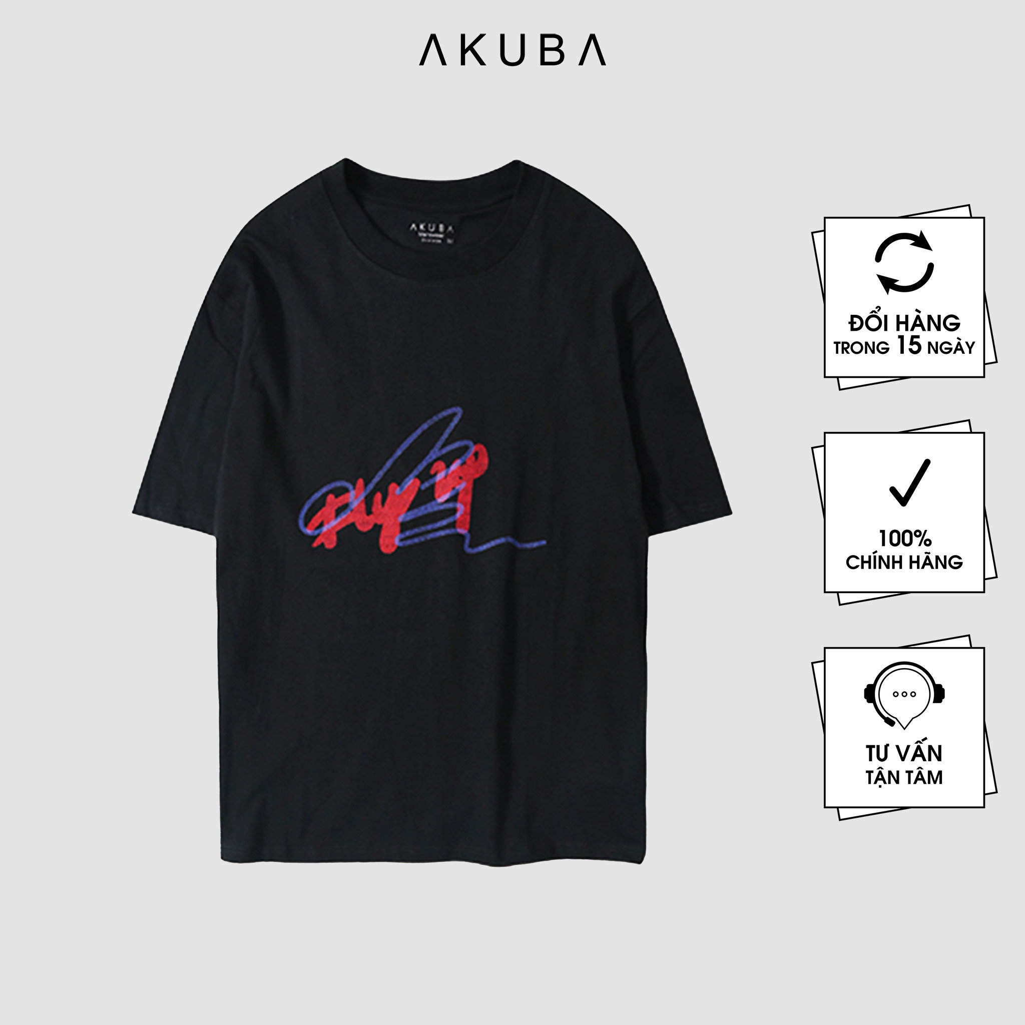 Áo thun nam đen họa tiết AKUBA form oversize, chất liệu cotton, hình in gel không bị rách, không co rút 01JW024