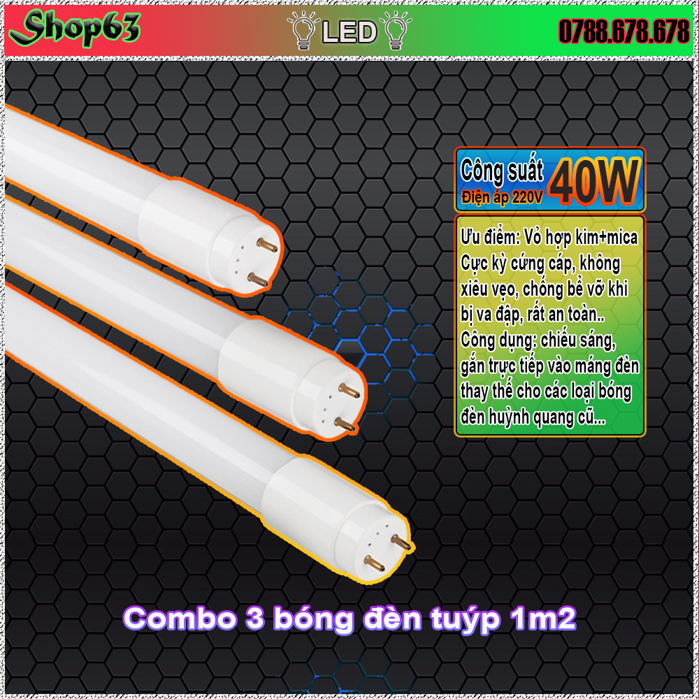 Combo 3 bóng tuýp 120cm công suất 40W - đèn T8 ánh sáng trắng siêu sáng