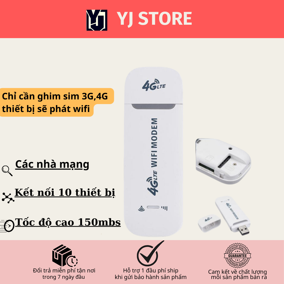 Bộ phát wifi từ sim 4G, Dcom 4G LTE, tốc độ cao, kết nối nhiều thiết bị, dễ dàng sử dụng trên ô tô. du lịch. BH 12 tháng-YJ
