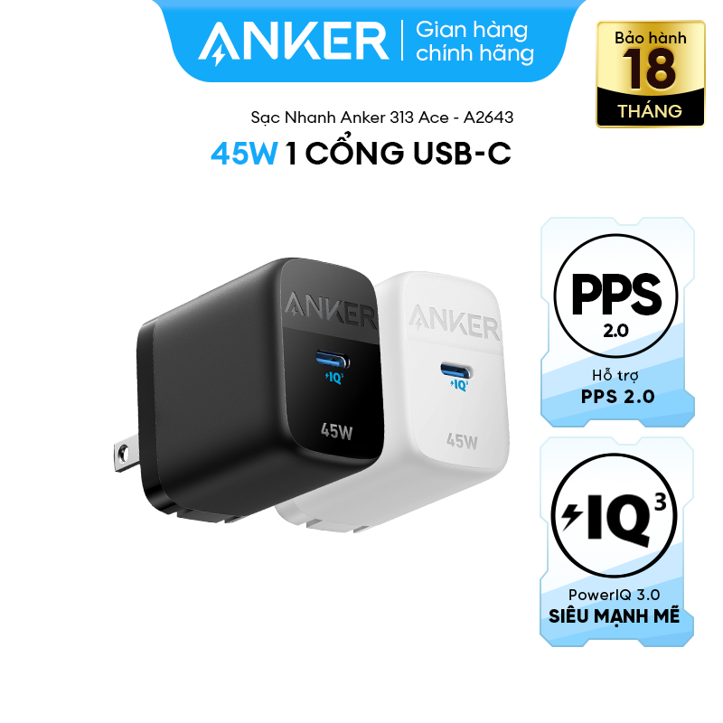 Sạc Nhanh Anker 313 Ace - 45W - 1 cổng USB-C - A2643