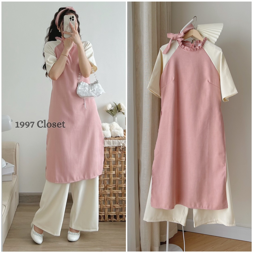 Set áo dài bigsize nhung tăm lì tay lỡ trẻ trung, set gồm áo + quần