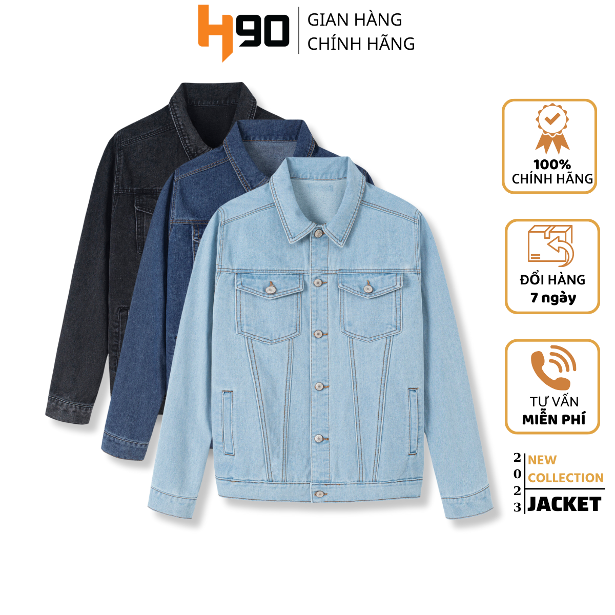Áo khoác jean nam h90 basic 3 màu, áo khoác bò chất denim không co giãn form rộng hjkj007