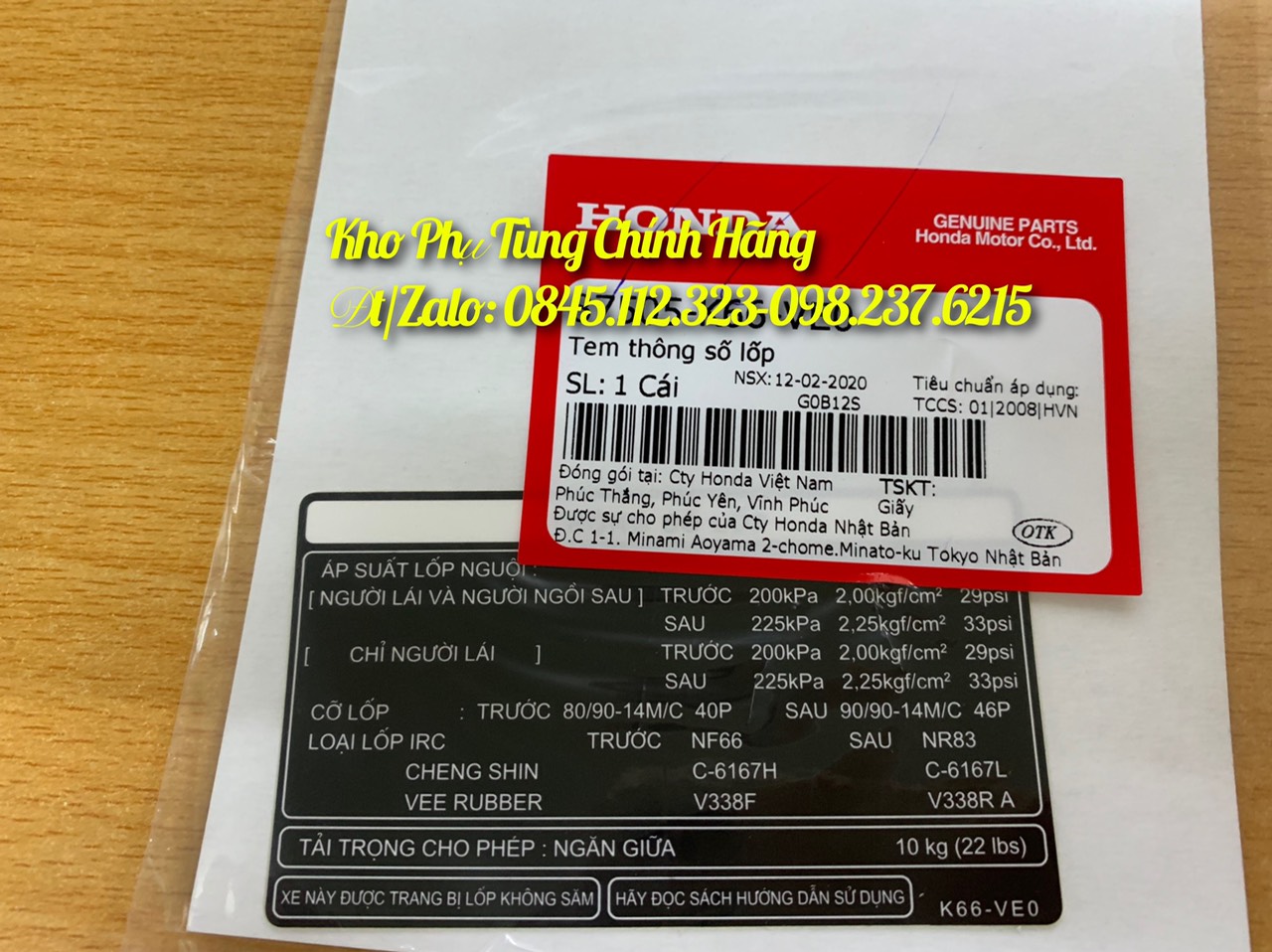 Tem thông số lốp Air Blade đời 2017-2018-2019