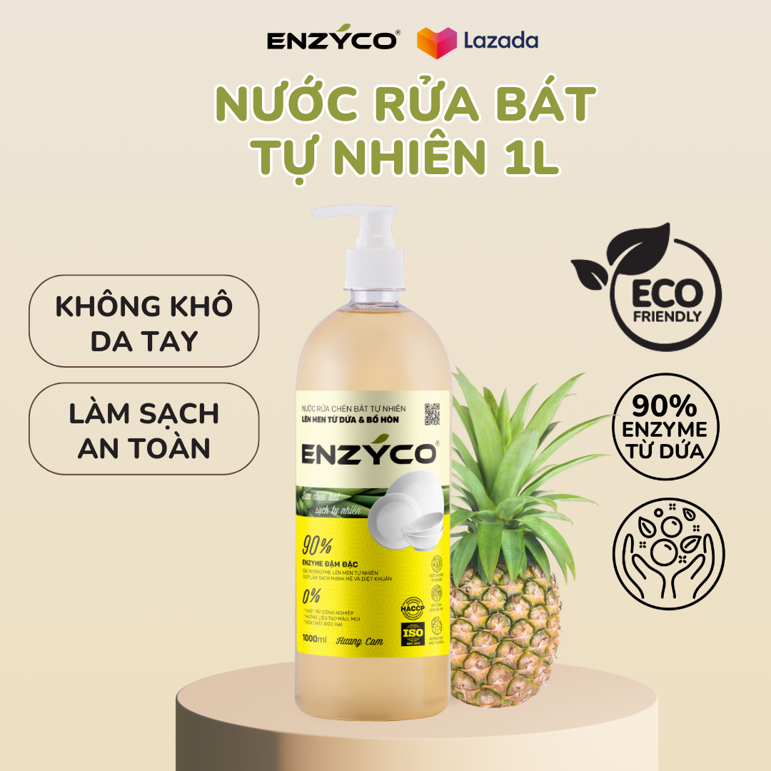 Nước rửa chén sinh học ENZYCO chai 1L - 90% Enzyme từ dứa giúp làm sạch mạnh mẽ, diệt khuẩn, bảo vệ da tay, phù hợp người viêm da cơ địa - Hương cam