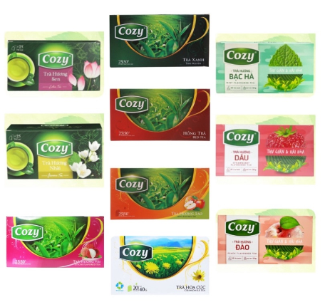 Trà cozy túi lọc hương đào/dâu/vải/olong/lài/táo/hồng trà hộp 50gr