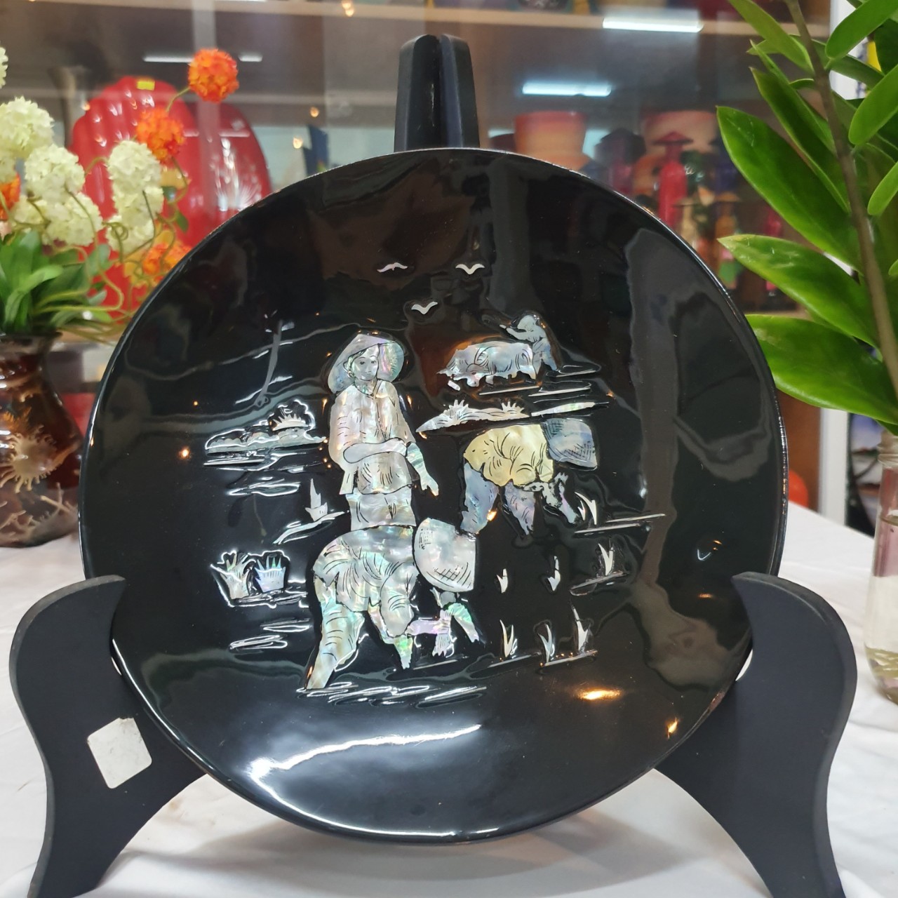 Dĩa sơn mài cao cấp Thanh Bình Lê cẩn ốc đẹp phi 25 cm hoạ tiết đa dạng