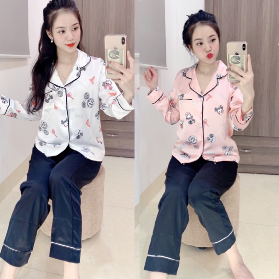 Pyjama Mặc Nhà Mẫu Mới Chuột Mickey Tay Dài Quần Dài Satin