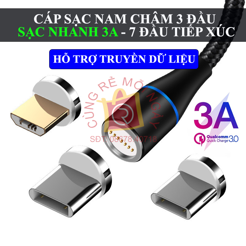 Dây cáp sạc nam châm iPhone, cáp đầu sạc nam châm Type C, Micro USB, Sạc nhanh 3A, đầu 7 pin hỗ trợ truyền dữ liệu