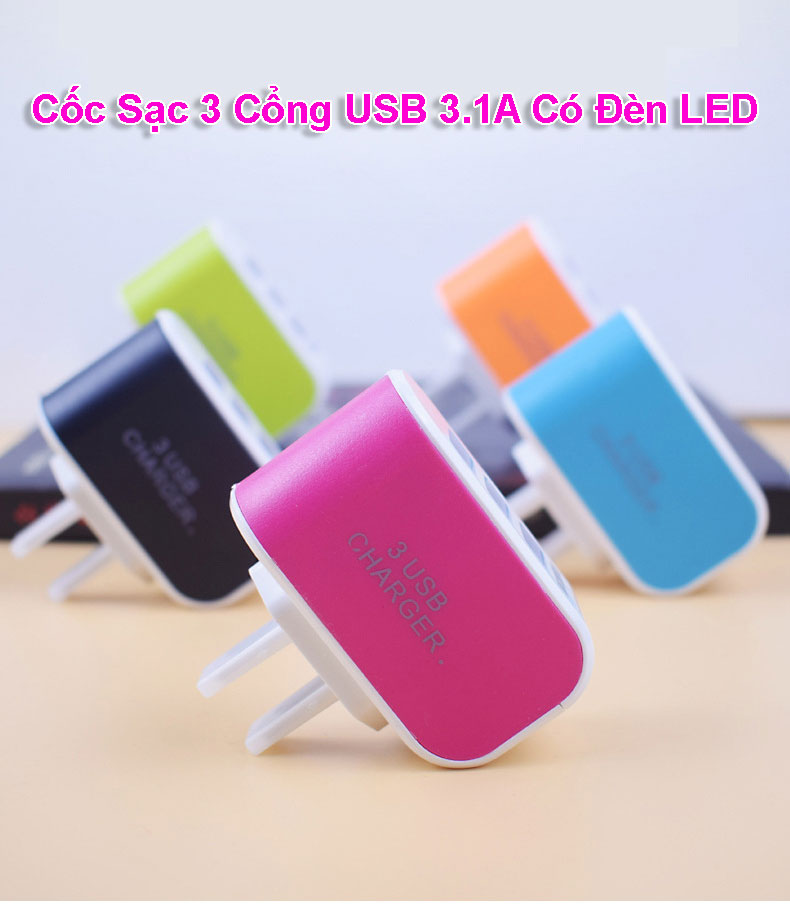 Cốc sạc 3 cổng usb có đèn led nhiều màu