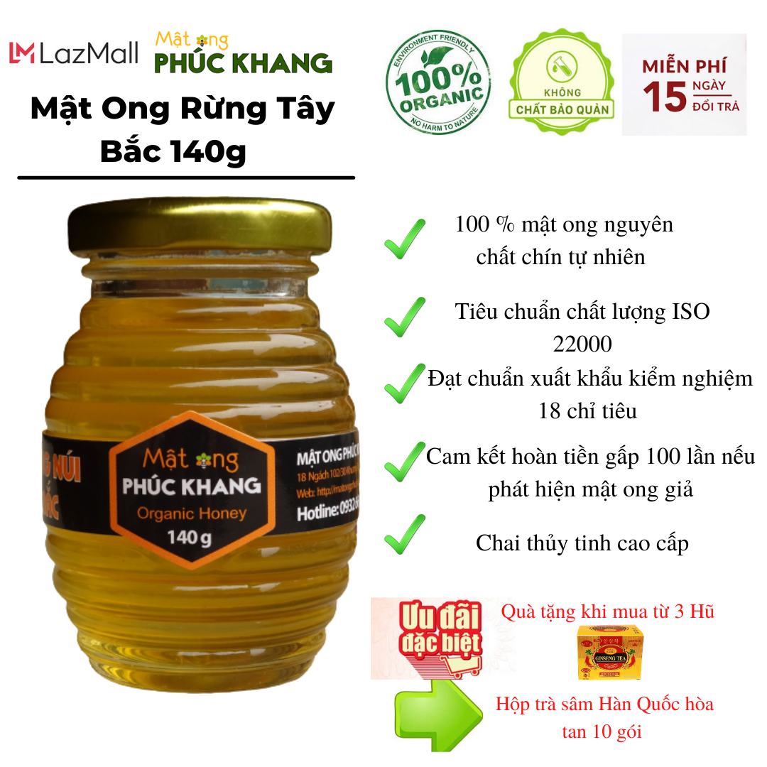 *Mật ong Phúc Khang - Mật ong rừng tây bắc xuất khẩu Phúc Khang - Hũ thủy tinh 140g - Nguyên chất 100%- Thu hoạch tự nhiên - không nhiễm kháng sinh , kim loại nặng , an toàn cho người già và trẻ nhỏ