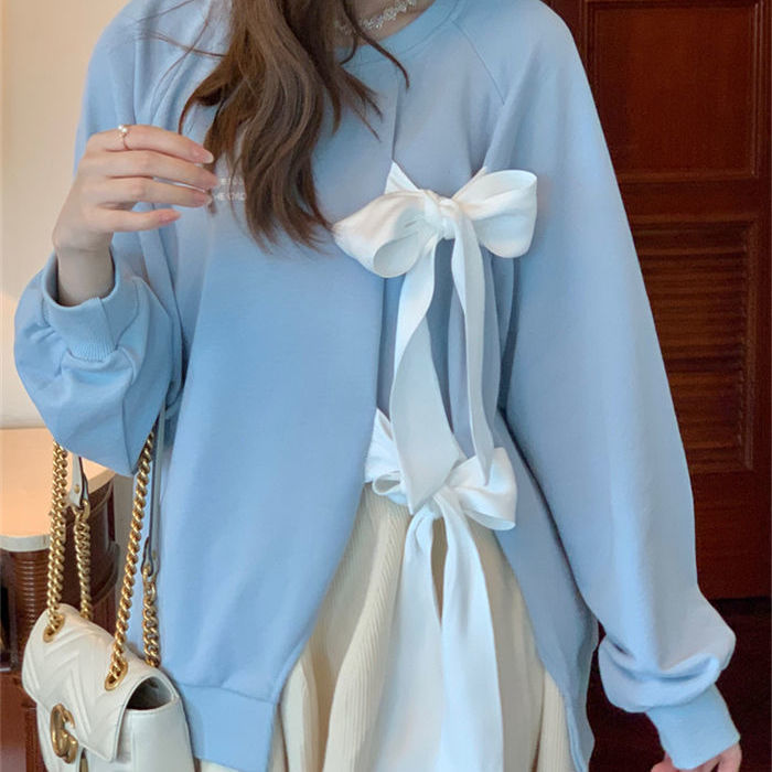 Mùa thu và mùa đông mới ngọt ngào áo dài tay công chúa nhỏ hoang dã cổ tròn nơ áo len dễ thương phụ nữ